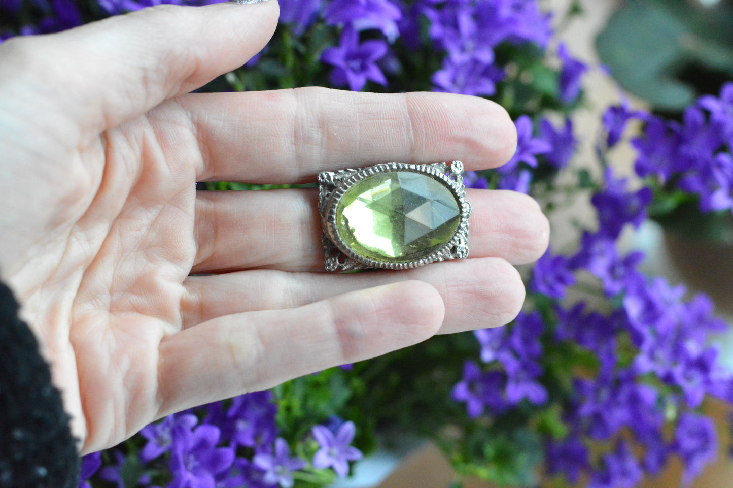 Vintage West Germany Style Brooch | 1.5" Faceted Peridot Green Glass | Ornate Silver Tone Filigree | Mid-Century Victorian Revival
