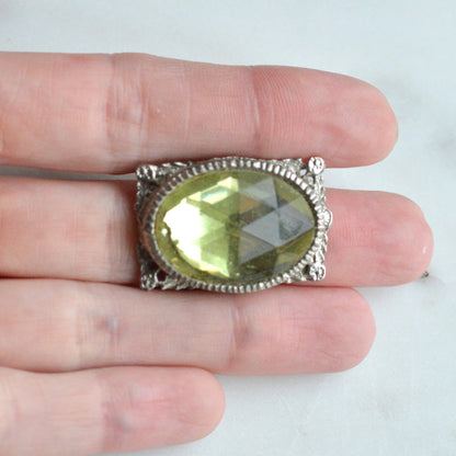 Vintage West Germany Style Brooch | 1.5" Faceted Peridot Green Glass | Ornate Silver Tone Filigree | Mid-Century Victorian Revival