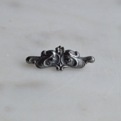 Antique Sterling Silver Art Nouveau Bar Pin | 1.5" High Relief Dual Profiles | Rare Jeweler's Safety Lever | c. 1900