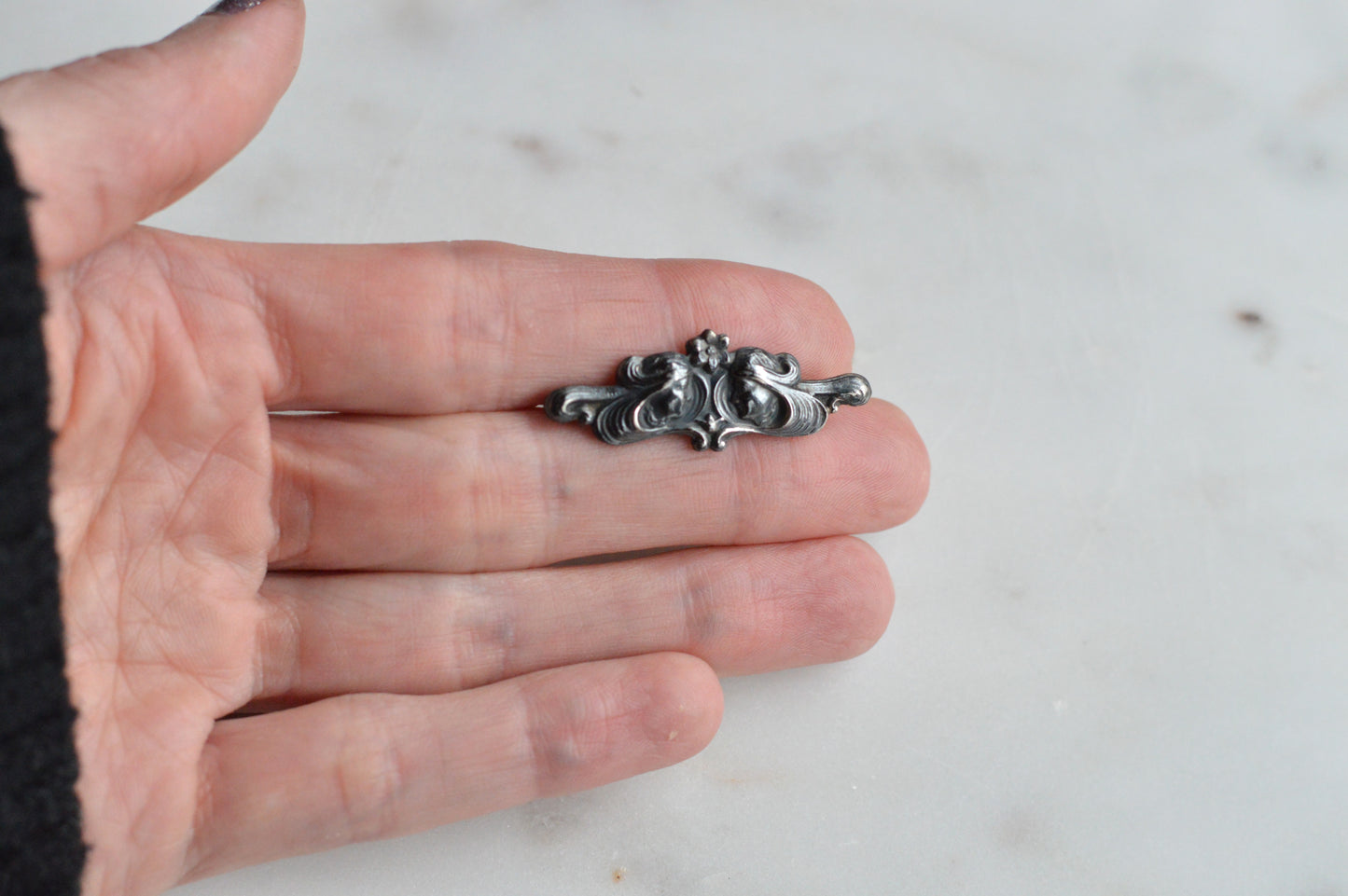 Antique Sterling Silver Art Nouveau Bar Pin | 1.5" High Relief Dual Profiles | Rare Jeweler's Safety Lever | c. 1900
