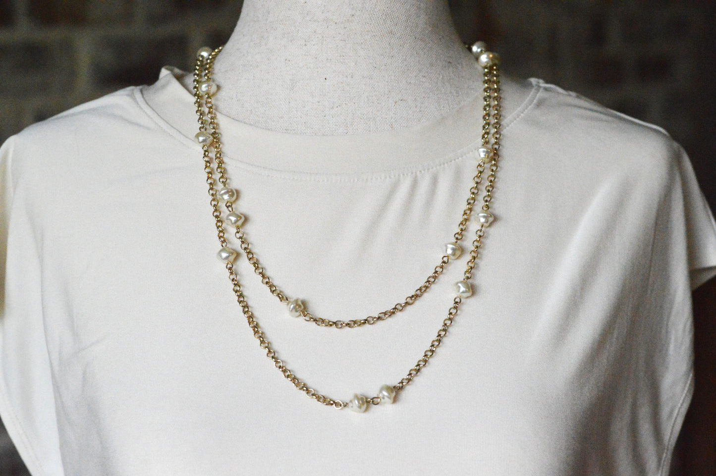 Vintage Extra Long 49.5" Pearl Station Necklace | Gold Tone Baroque Faux Pearl | 1970s 1980s Retro Sautoir | Versatile Statement Layering