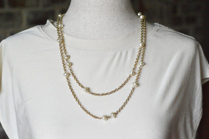 Vintage Extra Long 49.5" Pearl Station Necklace | Gold Tone Baroque Faux Pearl | 1970s 1980s Retro Sautoir | Versatile Statement Layering