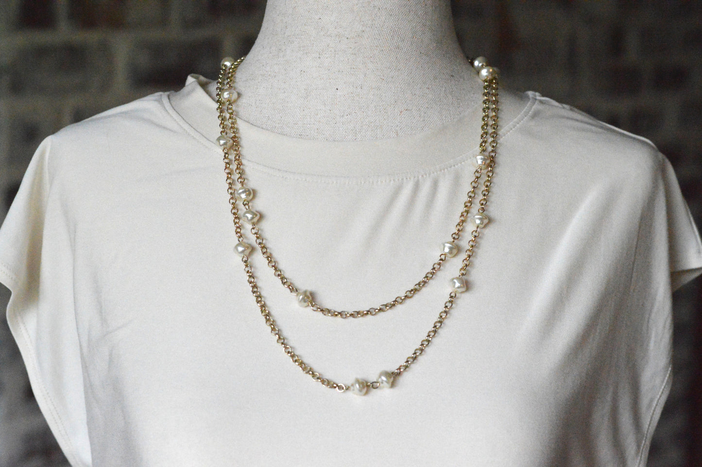 Vintage Extra Long 49.5" Pearl Station Necklace | Gold Tone Baroque Faux Pearl | 1970s 1980s Retro Sautoir | Versatile Statement Layering