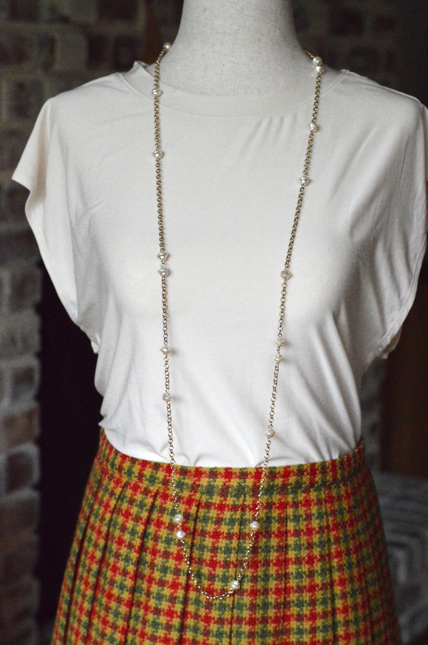 Vintage Extra Long 49.5" Pearl Station Necklace | Gold Tone Baroque Faux Pearl | 1970s 1980s Retro Sautoir | Versatile Statement Layering