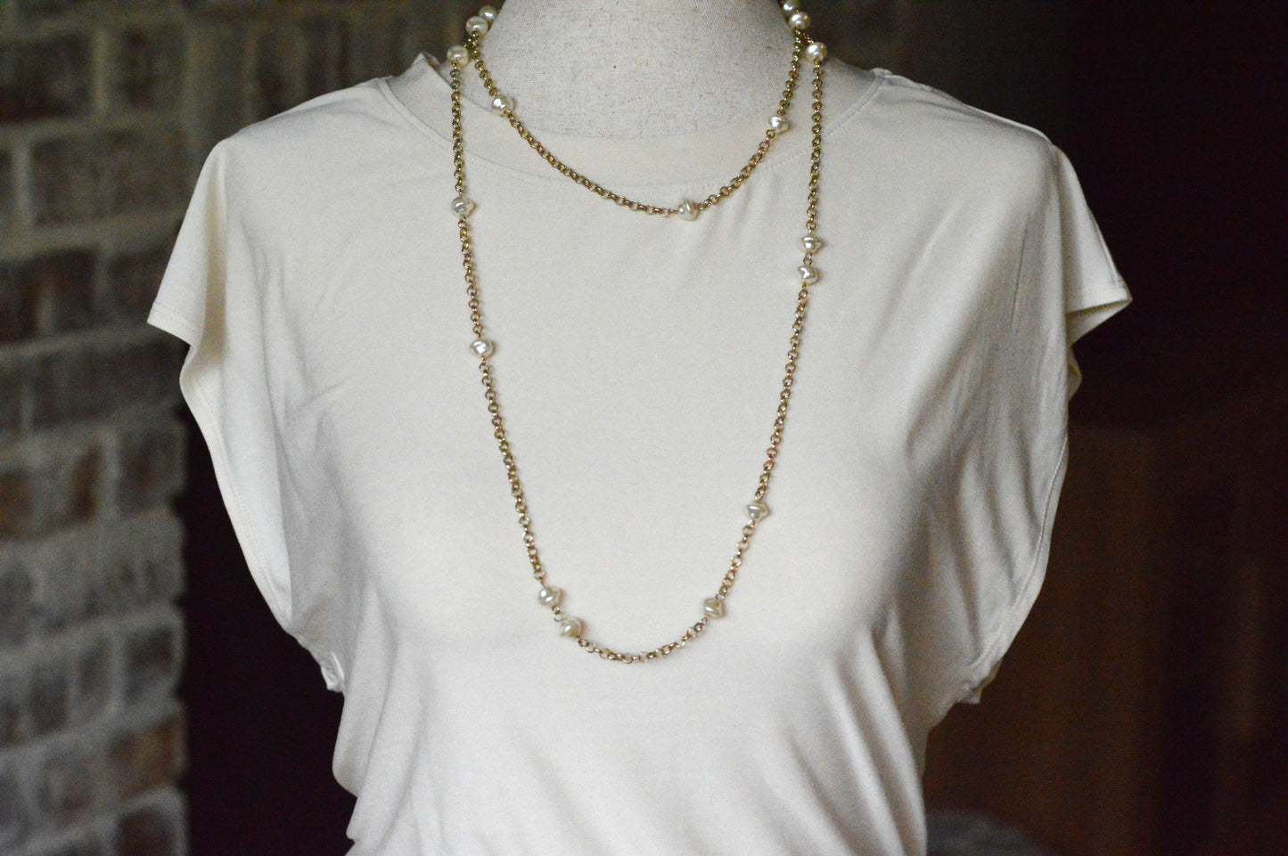 Vintage Extra Long 49.5" Pearl Station Necklace | Gold Tone Baroque Faux Pearl | 1970s 1980s Retro Sautoir | Versatile Statement Layering