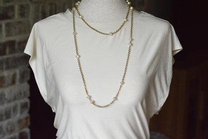 Vintage Extra Long 49.5" Pearl Station Necklace | Gold Tone Baroque Faux Pearl | 1970s 1980s Retro Sautoir | Versatile Statement Layering