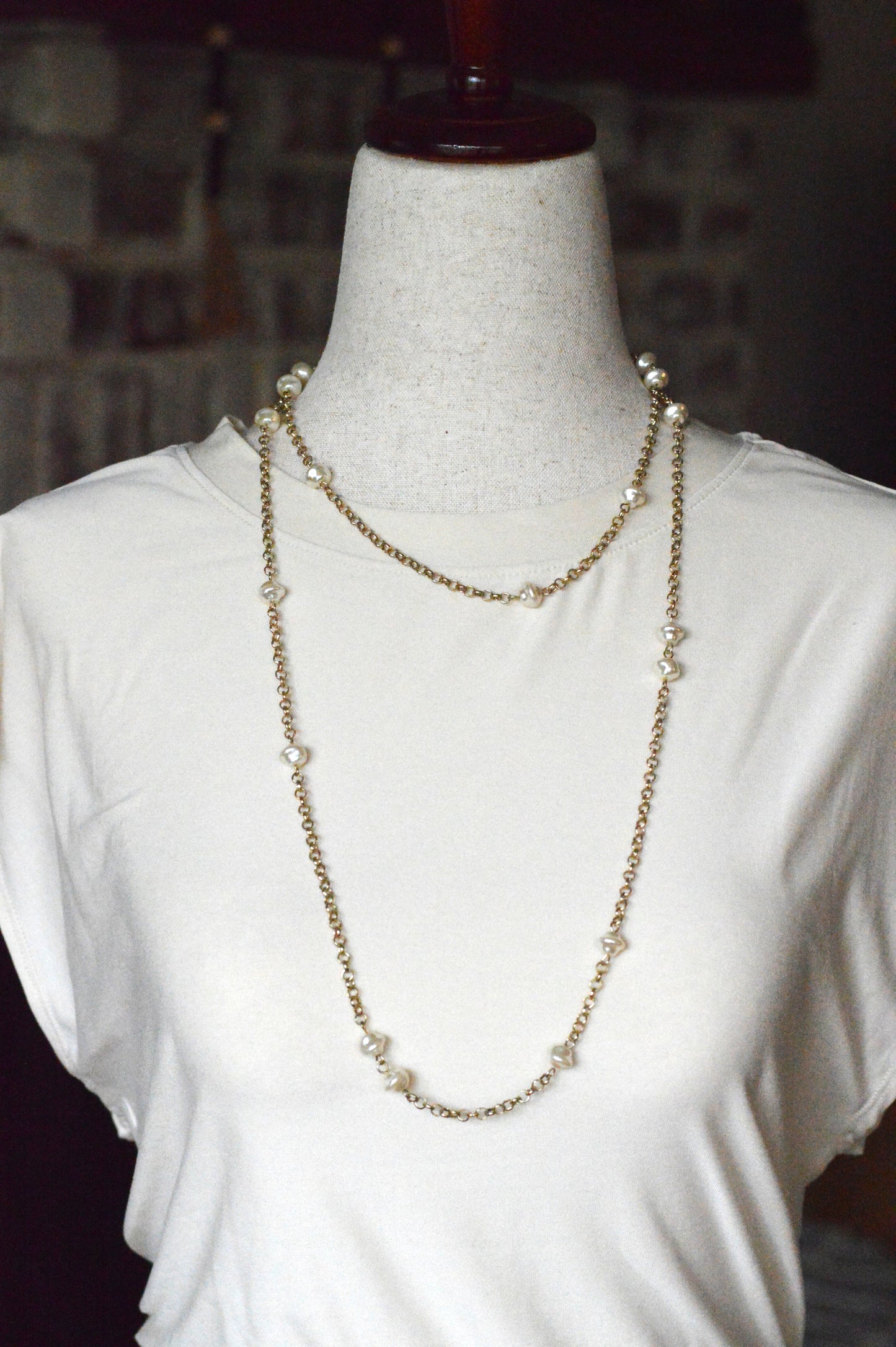 Vintage Extra Long 49.5" Pearl Station Necklace | Gold Tone Baroque Faux Pearl | 1970s 1980s Retro Sautoir | Versatile Statement Layering