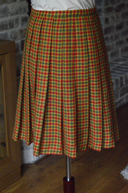 Vintage James Kenrob by Dalton Plaid Skirt | 1970s Knife Pleat Knee Length | Dark Academia Autumnal Check | Adjustable 26" Waist Small