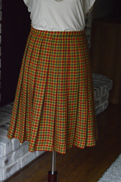 Vintage James Kenrob by Dalton Plaid Skirt | 1970s Knife Pleat Knee Length | Dark Academia Autumnal Check | Adjustable 26" Waist Small