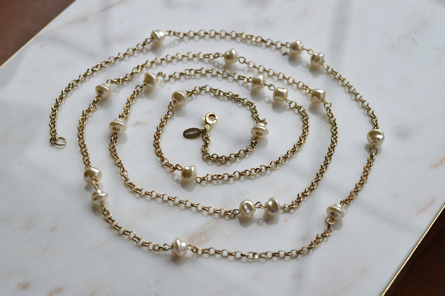 Vintage Extra Long 49.5" Pearl Station Necklace | Gold Tone Baroque Faux Pearl | 1970s 1980s Retro Sautoir | Versatile Statement Layering