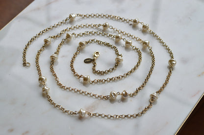 Vintage Extra Long 49.5" Pearl Station Necklace | Gold Tone Baroque Faux Pearl | 1970s 1980s Retro Sautoir | Versatile Statement Layering