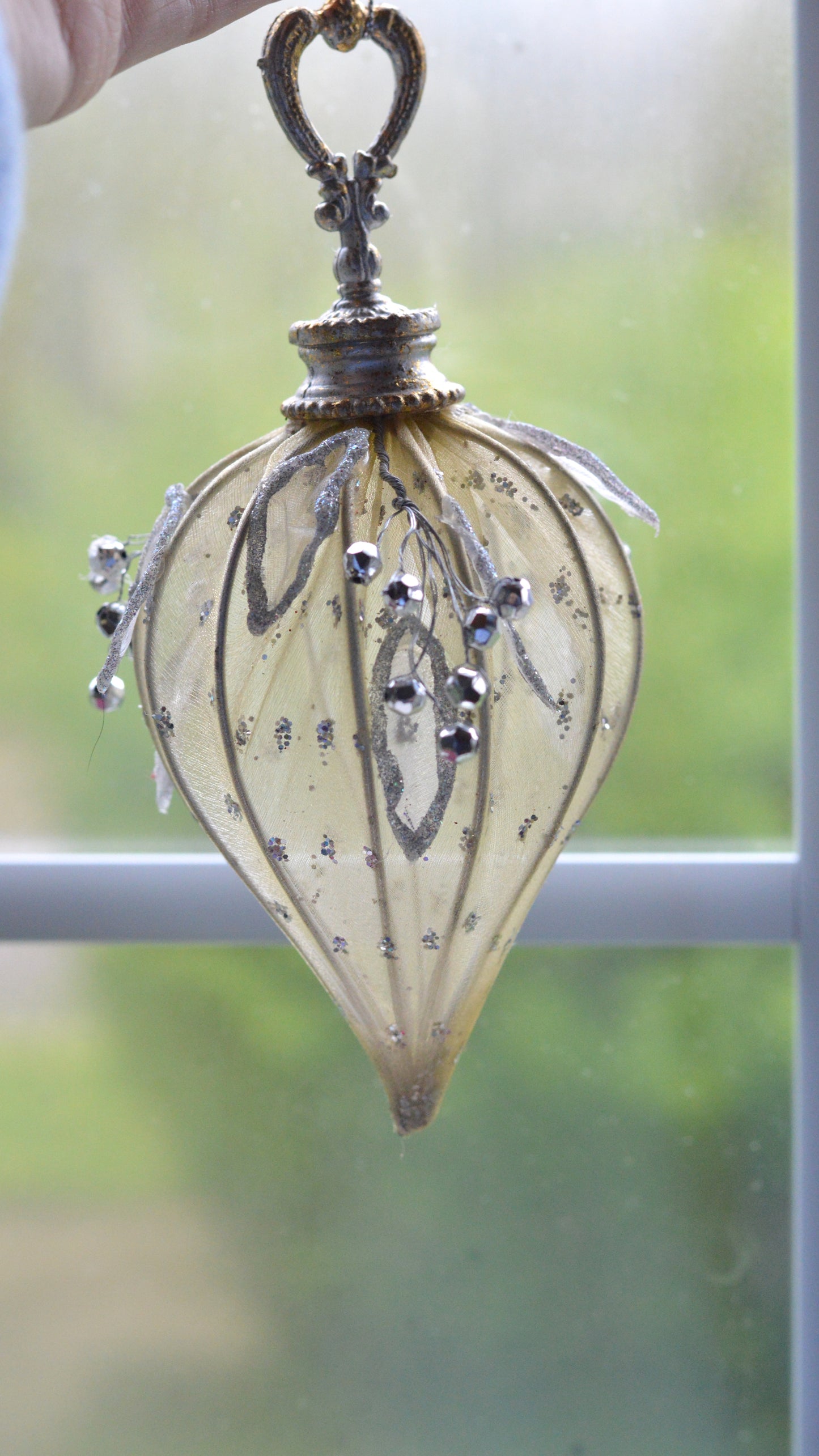 Vintage Katherine's Collection Rare Mesh Beads Ornament | 7" Victorian Teardrop | Gold & Silver Berry Artisan Holiday