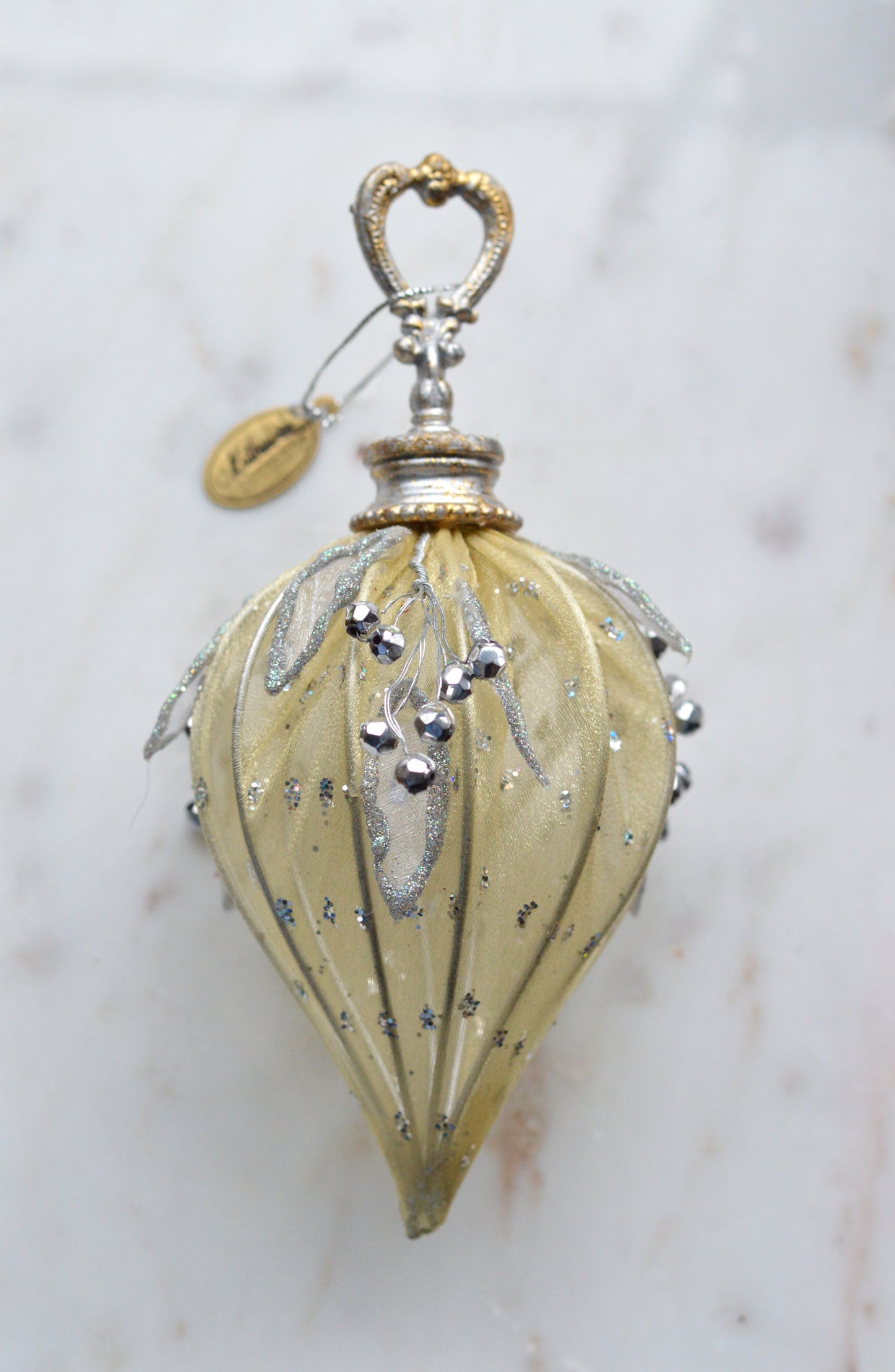 Vintage Katherine's Collection Rare Mesh Beads Ornament | 7" Victorian Teardrop | Gold & Silver Berry Artisan Holiday