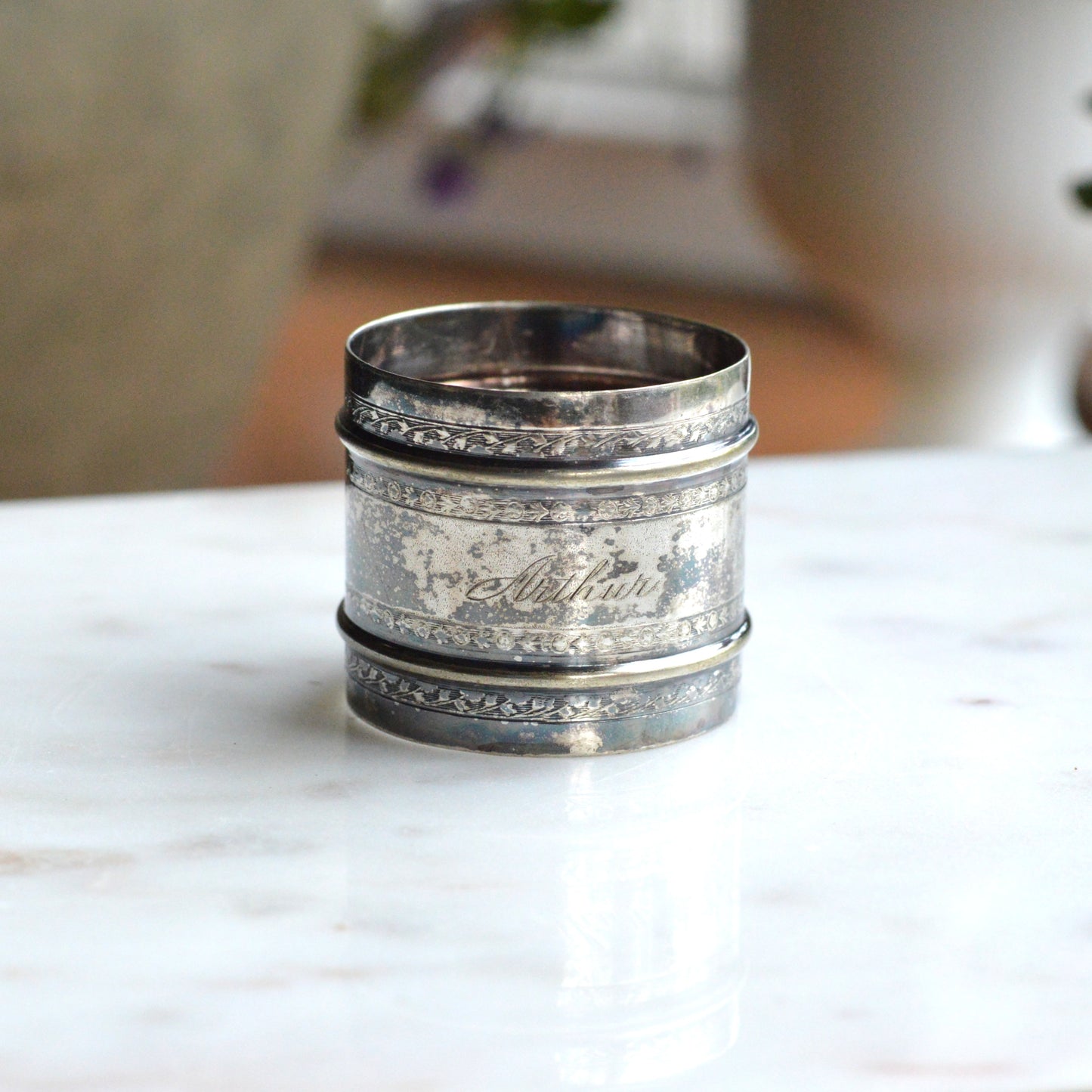 Antique German 800 Silver Napkin Ring | Engraved "Arthur" | 34g Heavy Solid Silver | Ornate Victorian Floral | "080" Hallmarked