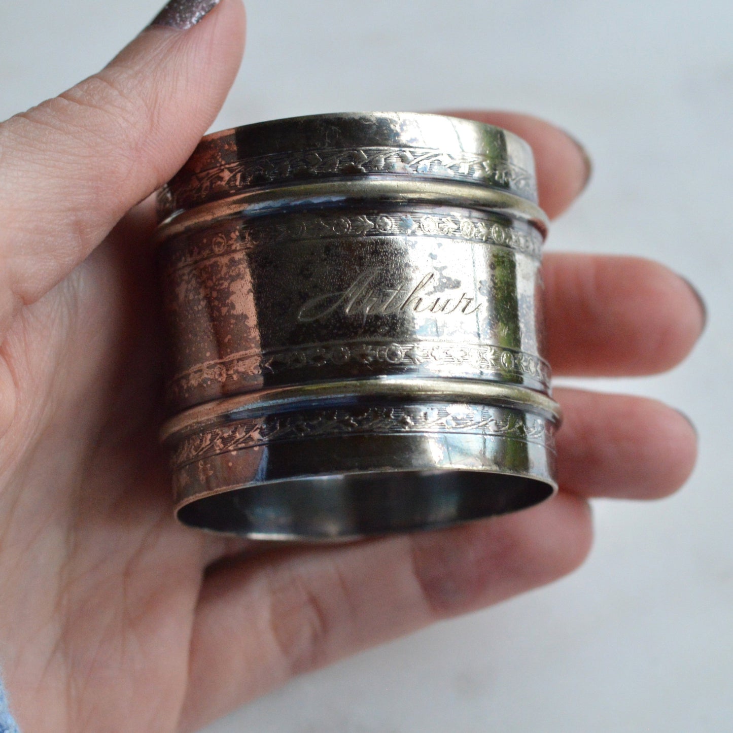 Antique German 800 Silver Napkin Ring | Engraved "Arthur" | 34g Heavy Solid Silver | Ornate Victorian Floral | "080" Hallmarked
