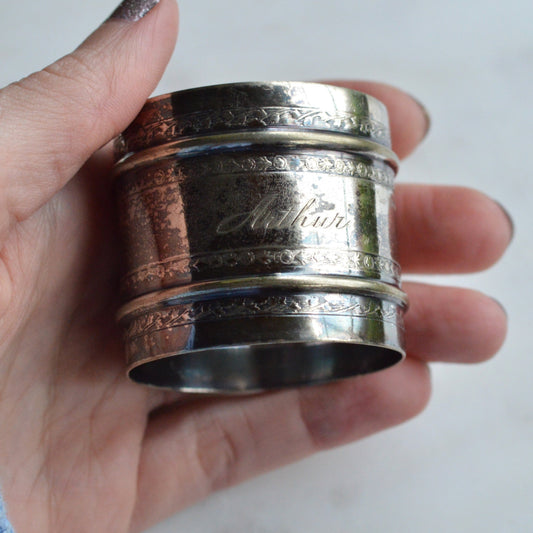 Antique German 800 Silver Napkin Ring | Engraved "Arthur" | 34g Heavy Solid Silver | Ornate Victorian Floral | "080" Hallmarked