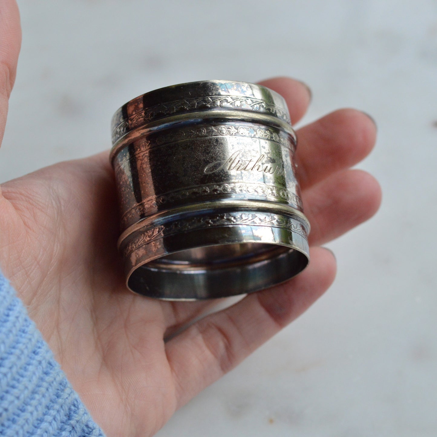 Antique German 800 Silver Napkin Ring | Engraved "Arthur" | 34g Heavy Solid Silver | Ornate Victorian Floral | "080" Hallmarked