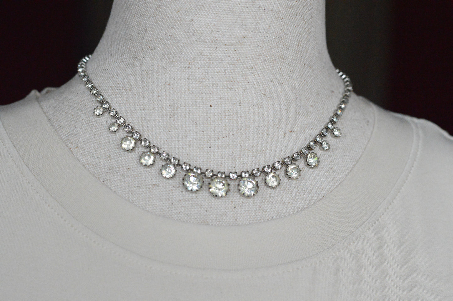 Vintage 1950s Rhinestone Choker Necklace | 15.5" Adjustable Graduated Crystal Pin | J-Hook Clasp | Mid-Century Bridal Statement Jewelry