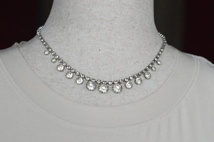 Vintage 1950s Rhinestone Choker Necklace | 15.5" Adjustable Graduated Crystal Pin | J-Hook Clasp | Mid-Century Bridal Statement Jewelry