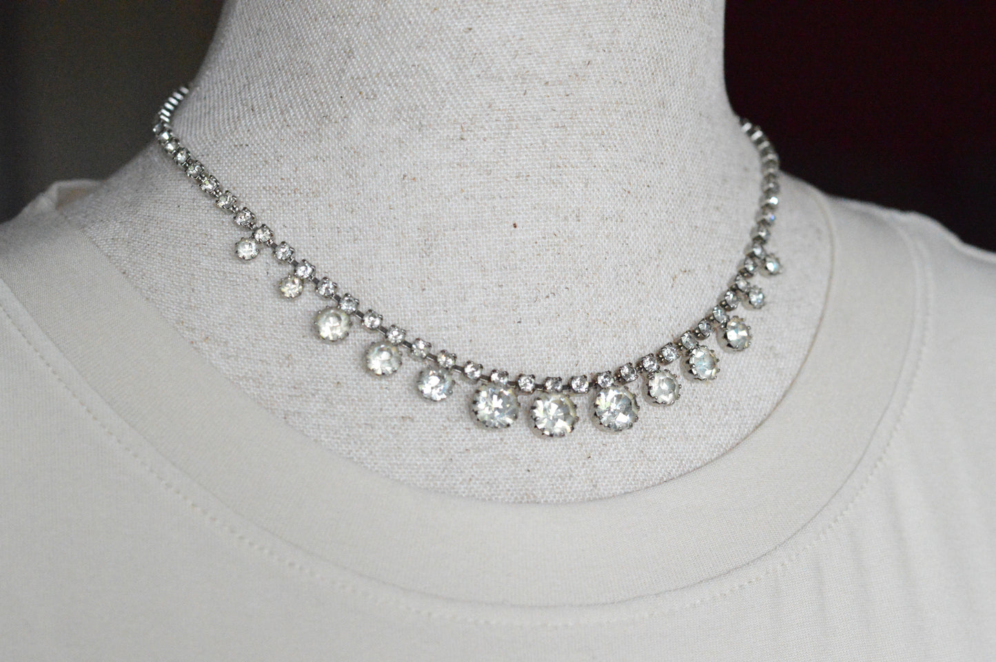 Vintage 1950s Rhinestone Choker Necklace | 15.5" Adjustable Graduated Crystal Pin | J-Hook Clasp | Mid-Century Bridal Statement Jewelry