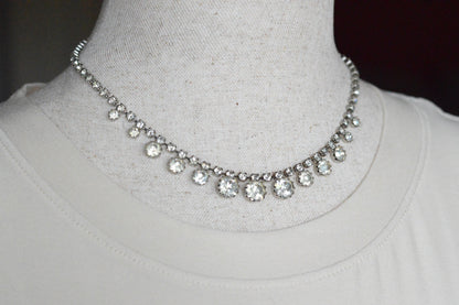 Vintage 1950s Rhinestone Choker Necklace | 15.5" Adjustable Graduated Crystal Pin | J-Hook Clasp | Mid-Century Bridal Statement Jewelry
