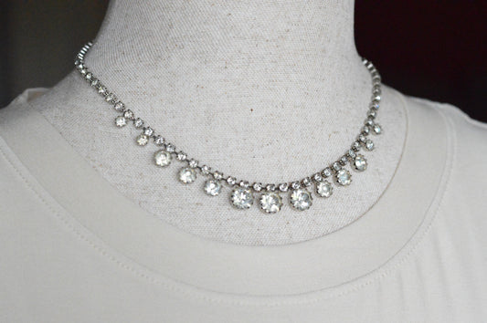 Vintage 1950s Rhinestone Choker Necklace | 15.5" Adjustable Graduated Crystal Pin | J-Hook Clasp | Mid-Century Bridal Statement Jewelry