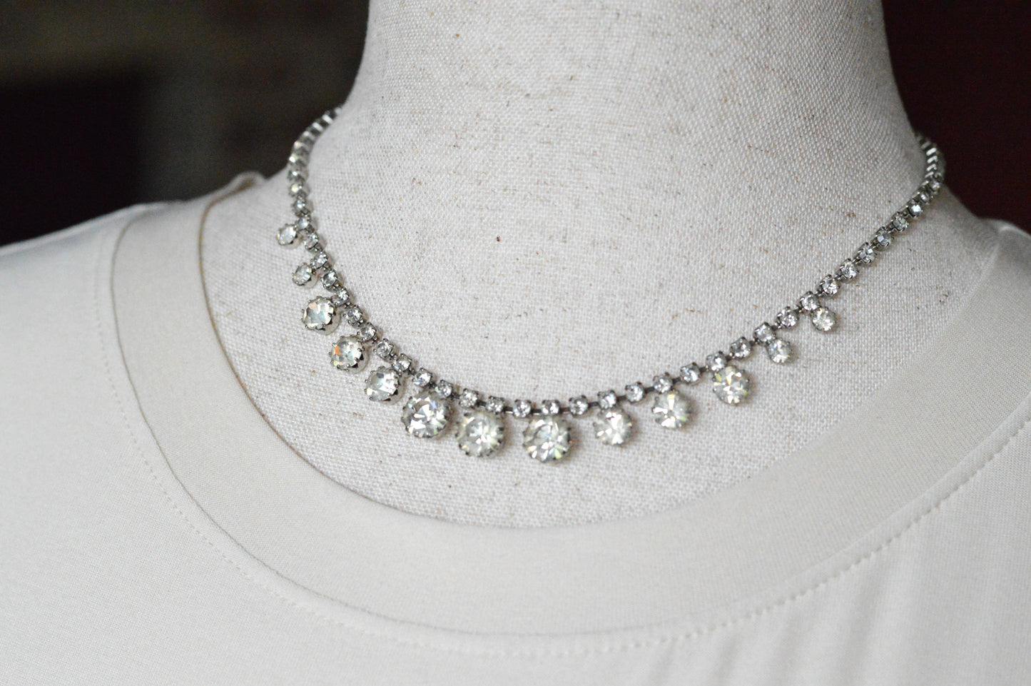Vintage 1950s Rhinestone Choker Necklace | 15.5" Adjustable Graduated Crystal Pin | J-Hook Clasp | Mid-Century Bridal Statement Jewelry