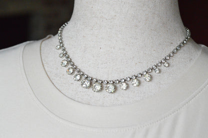 Vintage 1950s Rhinestone Choker Necklace | 15.5" Adjustable Graduated Crystal Pin | J-Hook Clasp | Mid-Century Bridal Statement Jewelry