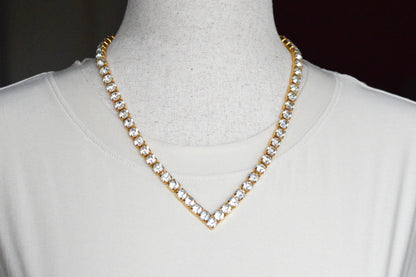 Vintage Chevron V-Shape Tennis Necklace | 18" Articulated Square Box Link | Gold Tone Rhinestone Collar | 80s Glam
