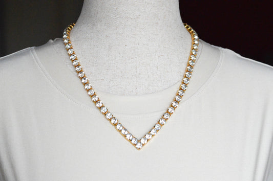 Vintage Chevron V-Shape Tennis Necklace | 18" Articulated Square Box Link | Gold Tone Rhinestone Collar | 80s Glam