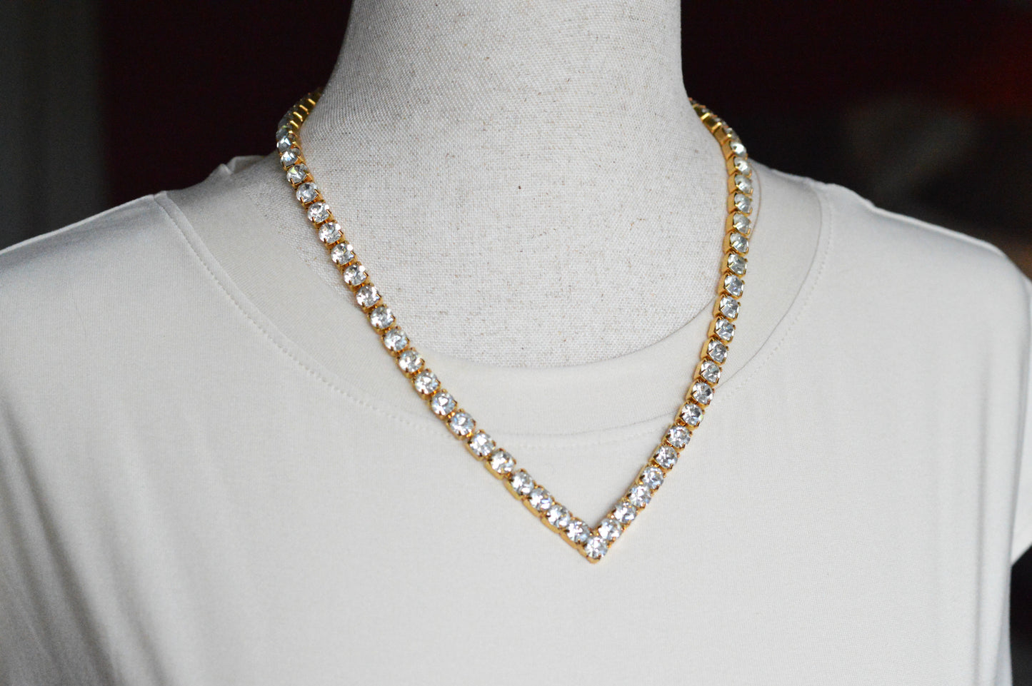 Vintage Chevron V-Shape Tennis Necklace | 18" Articulated Square Box Link | Gold Tone Rhinestone Collar | 80s Glam