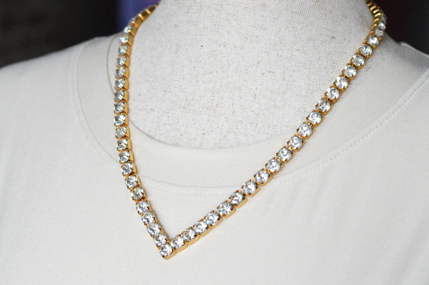 Vintage Chevron V-Shape Tennis Necklace | 18" Articulated Square Box Link | Gold Tone Rhinestone Collar | 80s Glam