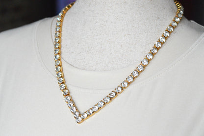 Vintage Chevron V-Shape Tennis Necklace | 18" Articulated Square Box Link | Gold Tone Rhinestone Collar | 80s Glam