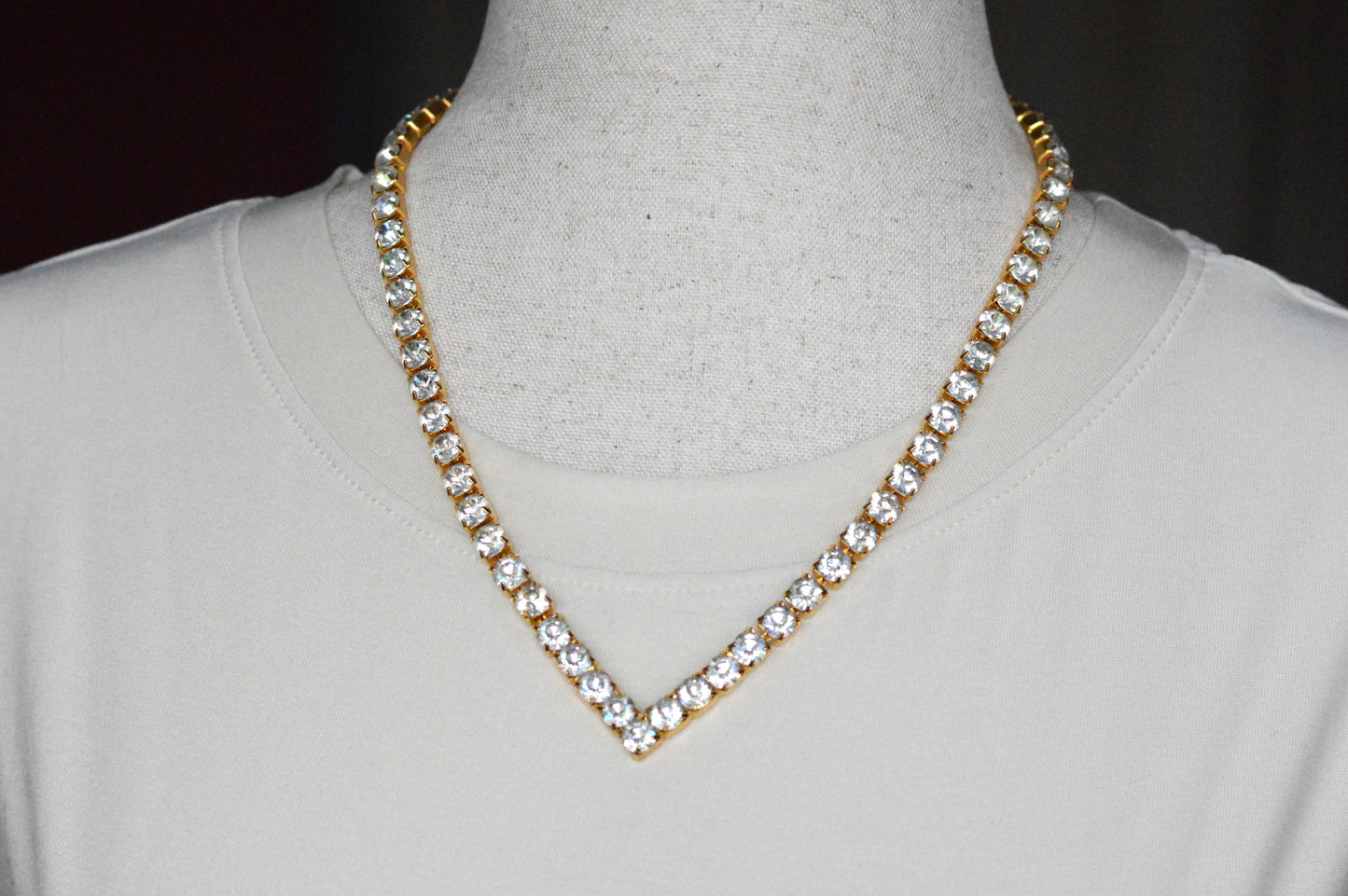 Vintage Chevron V-Shape Tennis Necklace | 18" Articulated Square Box Link | Gold Tone Rhinestone Collar | 80s Glam