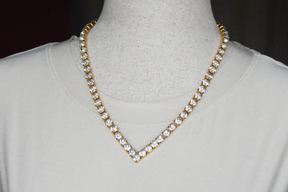 Vintage Chevron V-Shape Tennis Necklace | 18" Articulated Square Box Link | Gold Tone Rhinestone Collar | 80s Glam