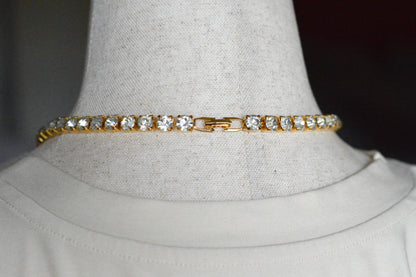 Vintage Chevron V-Shape Tennis Necklace | 18" Articulated Square Box Link | Gold Tone Rhinestone Collar | 80s Glam
