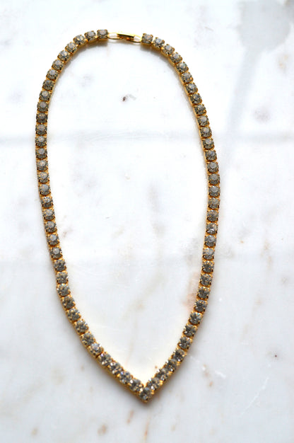 Vintage Chevron V-Shape Tennis Necklace | 18" Articulated Square Box Link | Gold Tone Rhinestone Collar | 80s Glam
