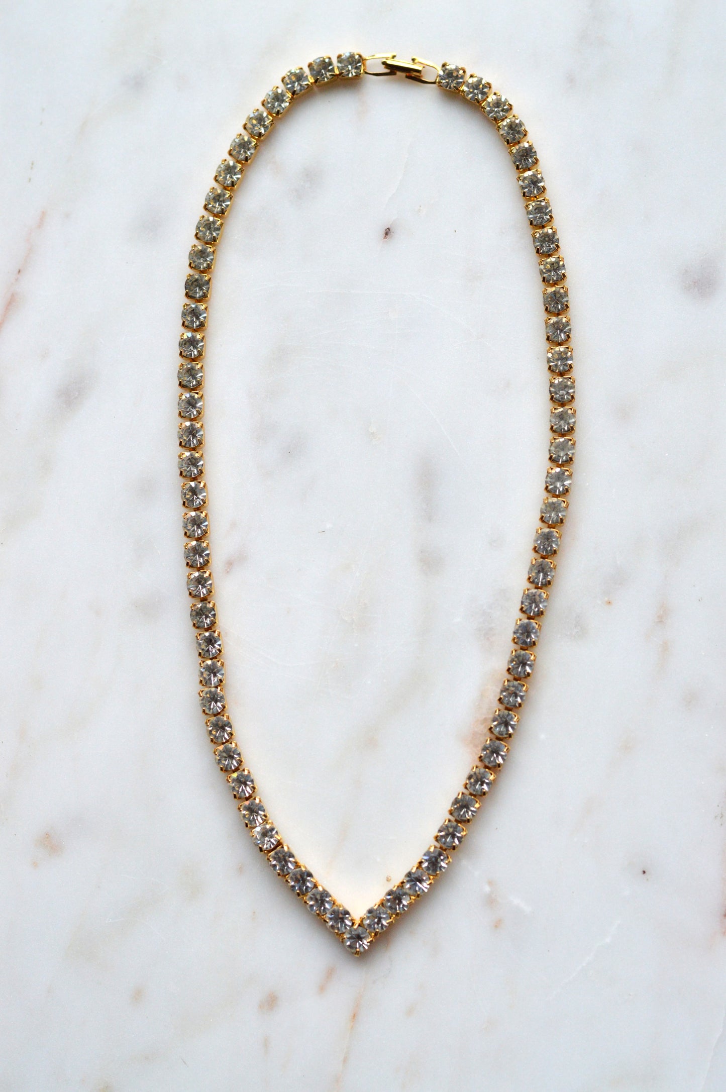 Vintage Chevron V-Shape Tennis Necklace | 18" Articulated Square Box Link | Gold Tone Rhinestone Collar | 80s Glam