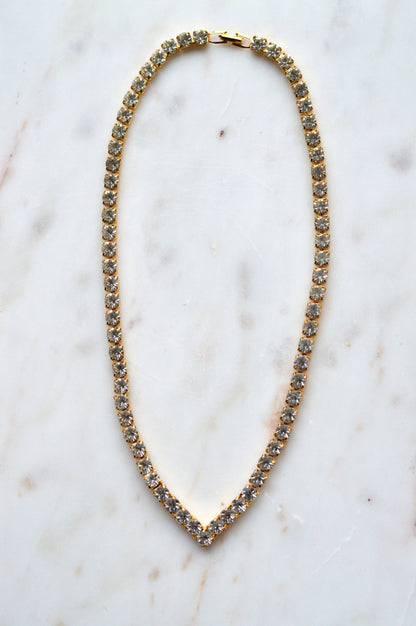 Vintage Chevron V-Shape Tennis Necklace | 18" Articulated Square Box Link | Gold Tone Rhinestone Collar | 80s Glam