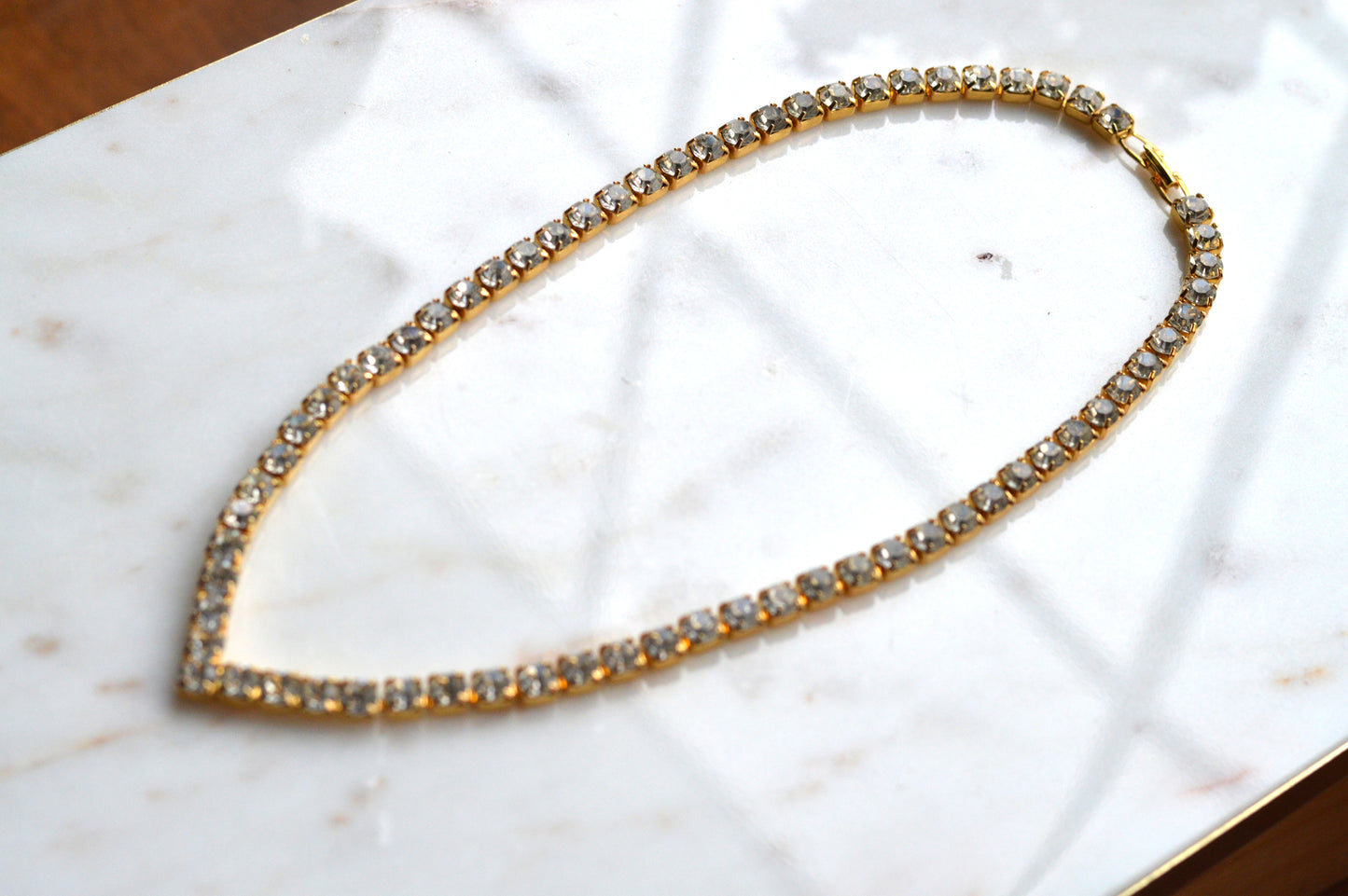 Vintage Chevron V-Shape Tennis Necklace | 18" Articulated Square Box Link | Gold Tone Rhinestone Collar | 80s Glam