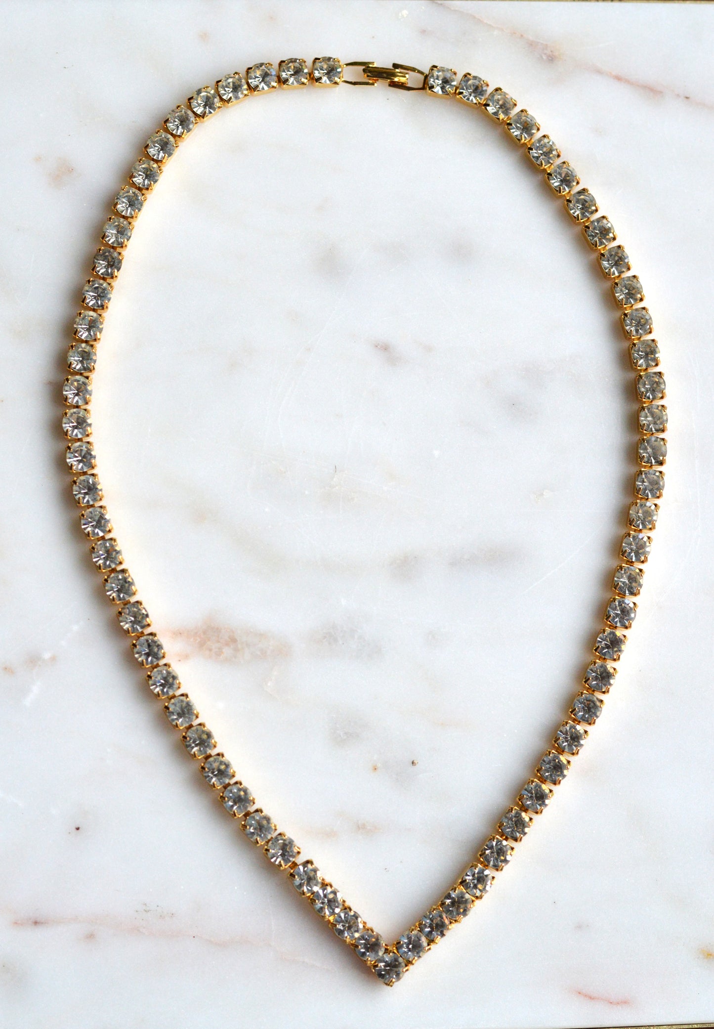 Vintage Chevron V-Shape Tennis Necklace | 18" Articulated Square Box Link | Gold Tone Rhinestone Collar | 80s Glam
