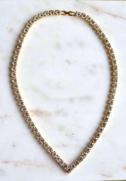 Vintage Chevron V-Shape Tennis Necklace | 18" Articulated Square Box Link | Gold Tone Rhinestone Collar | 80s Glam