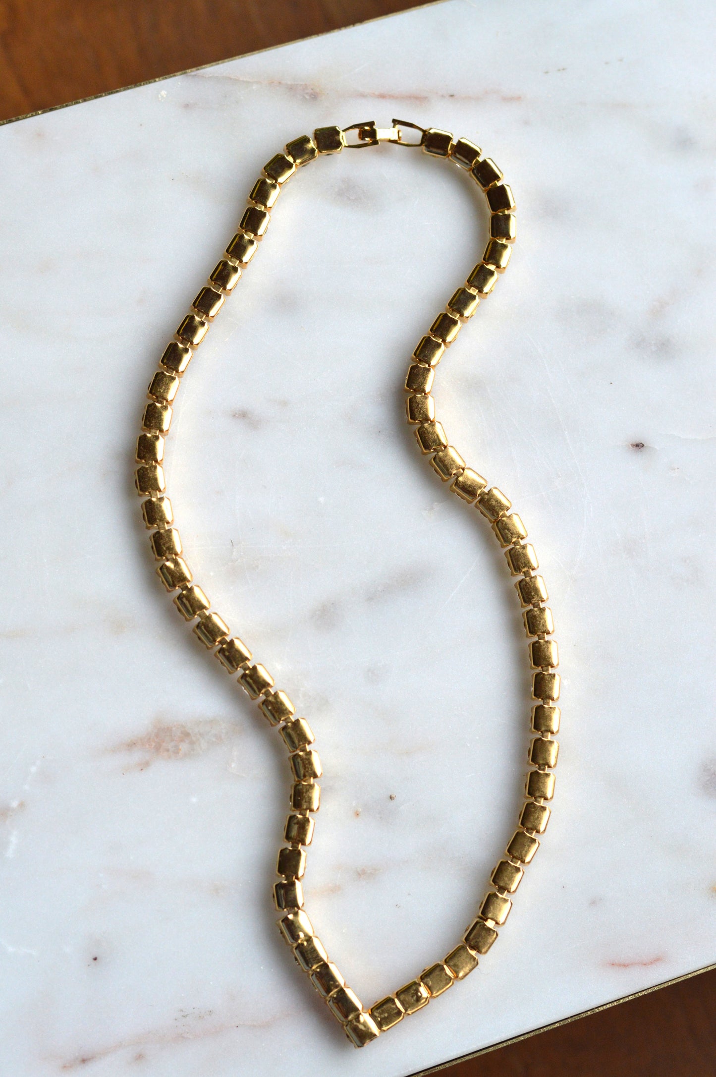 Vintage Chevron V-Shape Tennis Necklace | 18" Articulated Square Box Link | Gold Tone Rhinestone Collar | 80s Glam