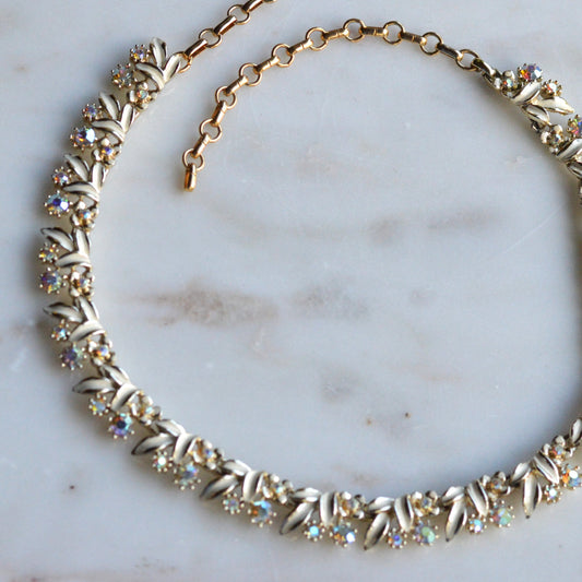 Vintage Signed Coro Leaf Choker | Aurora Borealis AB Rhinestones | 1950s White Enamel Mid-Century Necklace | Something Old Bridal Jewelry