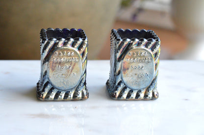 Vintage St. Clair Cobalt Carnival Glass Toothpick Holder Pair | 1972 Glass Festival Souvenir | High Iridescence Elwood IND