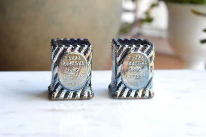 Vintage St. Clair Cobalt Carnival Glass Toothpick Holder Pair | 1972 Glass Festival Souvenir | High Iridescence Elwood IND