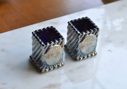 Vintage St. Clair Cobalt Carnival Glass Toothpick Holder Pair | 1972 Glass Festival Souvenir | High Iridescence Elwood IND
