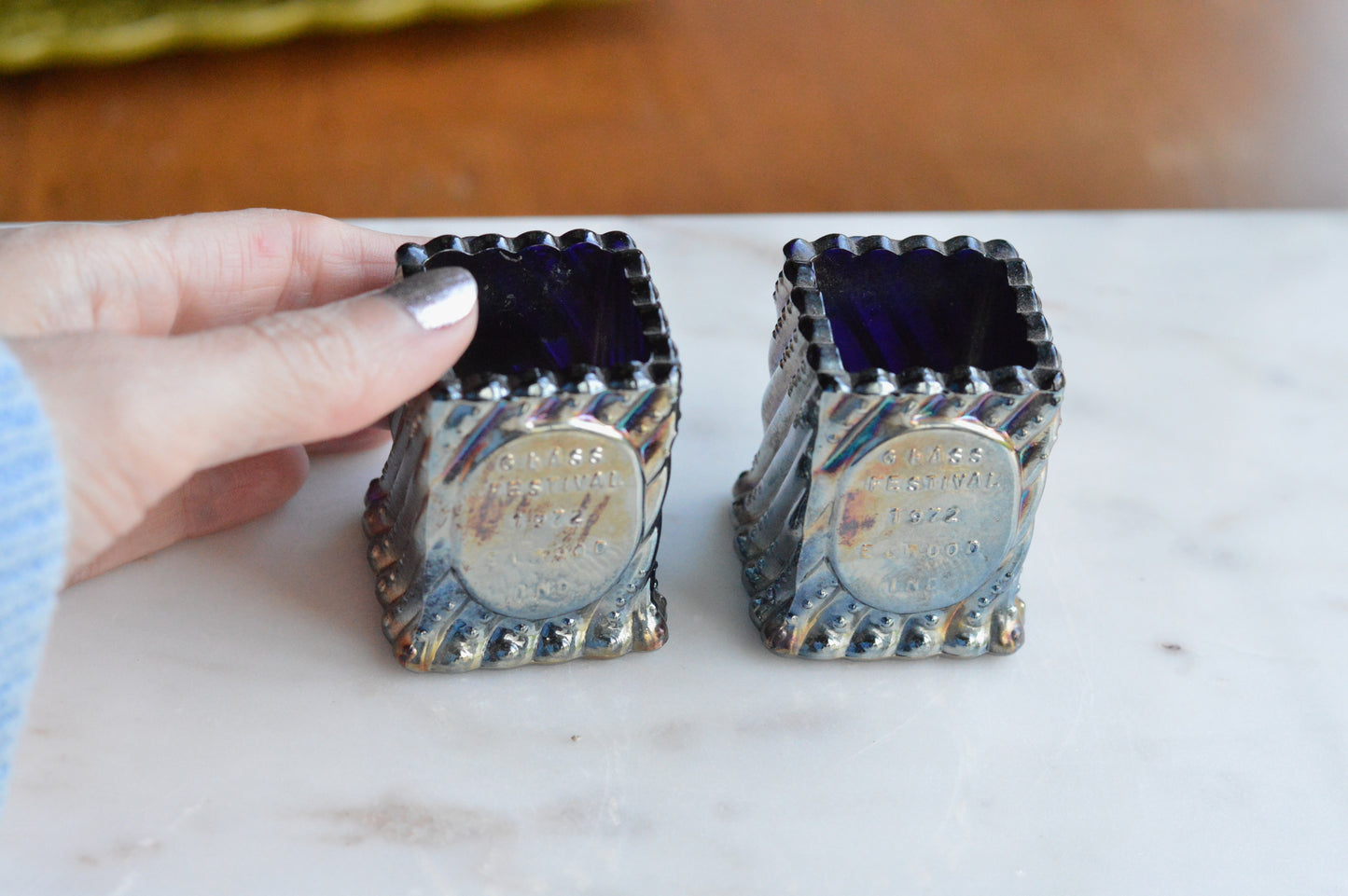 Vintage St. Clair Cobalt Carnival Glass Toothpick Holder Pair | 1972 Glass Festival Souvenir | High Iridescence Elwood IND