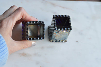 Vintage St. Clair Cobalt Carnival Glass Toothpick Holder Pair | 1972 Glass Festival Souvenir | High Iridescence Elwood IND