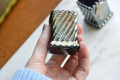Vintage St. Clair Cobalt Carnival Glass Toothpick Holder Pair | 1972 Glass Festival Souvenir | High Iridescence Elwood IND